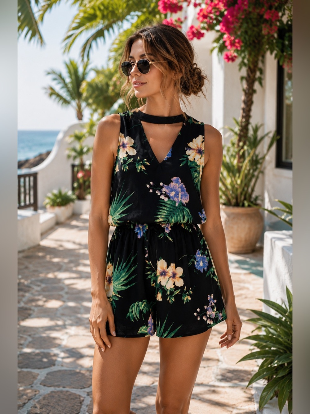 Peach Love California Tropical Floral Romper Cutout Neck Black Resort S